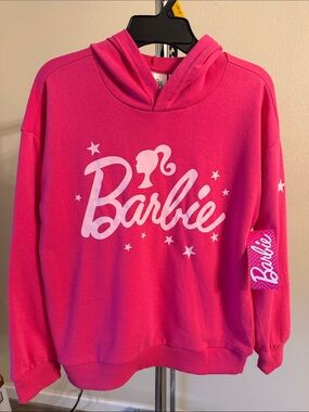 NWT girls Barbie Hot Pink Script Logo Pullover Hoodie Size 10/12